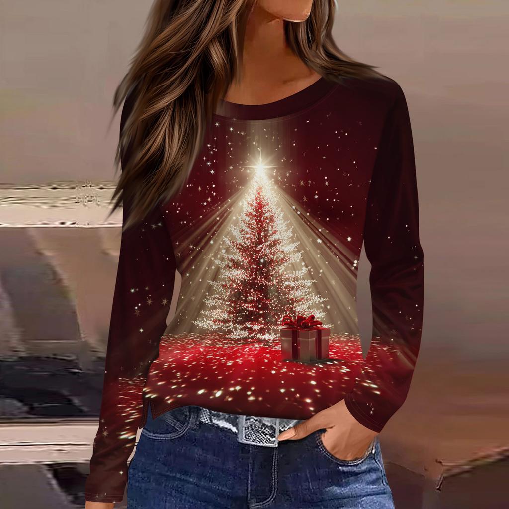 Женская модная повседневная футболка с разрезом по низу, круглым вырезом, длинными рукавами, свободного кроя, с рождественским принтом, женский топ