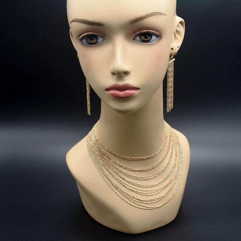 Gold Tassel Necklace Earrings Set Women's Multi-layer Jewelry Dress Fashion Accessories
