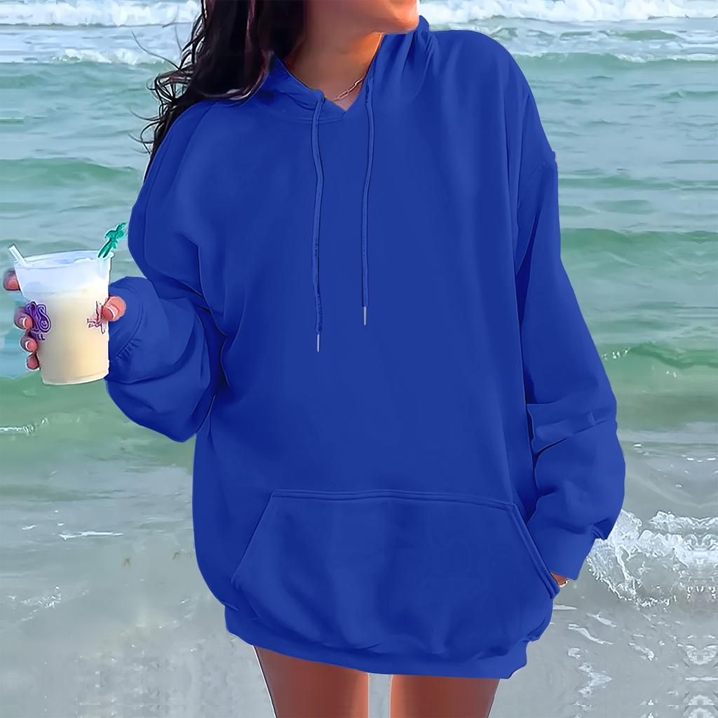 Женская модная повседневная толстовка с длинными рукавами и круглым вырезом с капюшоном, однотонная толстовка с прошитой нитью
