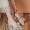 Fashion Mid-heel Sandals New Summer Square Head Shallow Mouth Glitter Butterfly Knot Anti-slip Wear-resistant Slippers