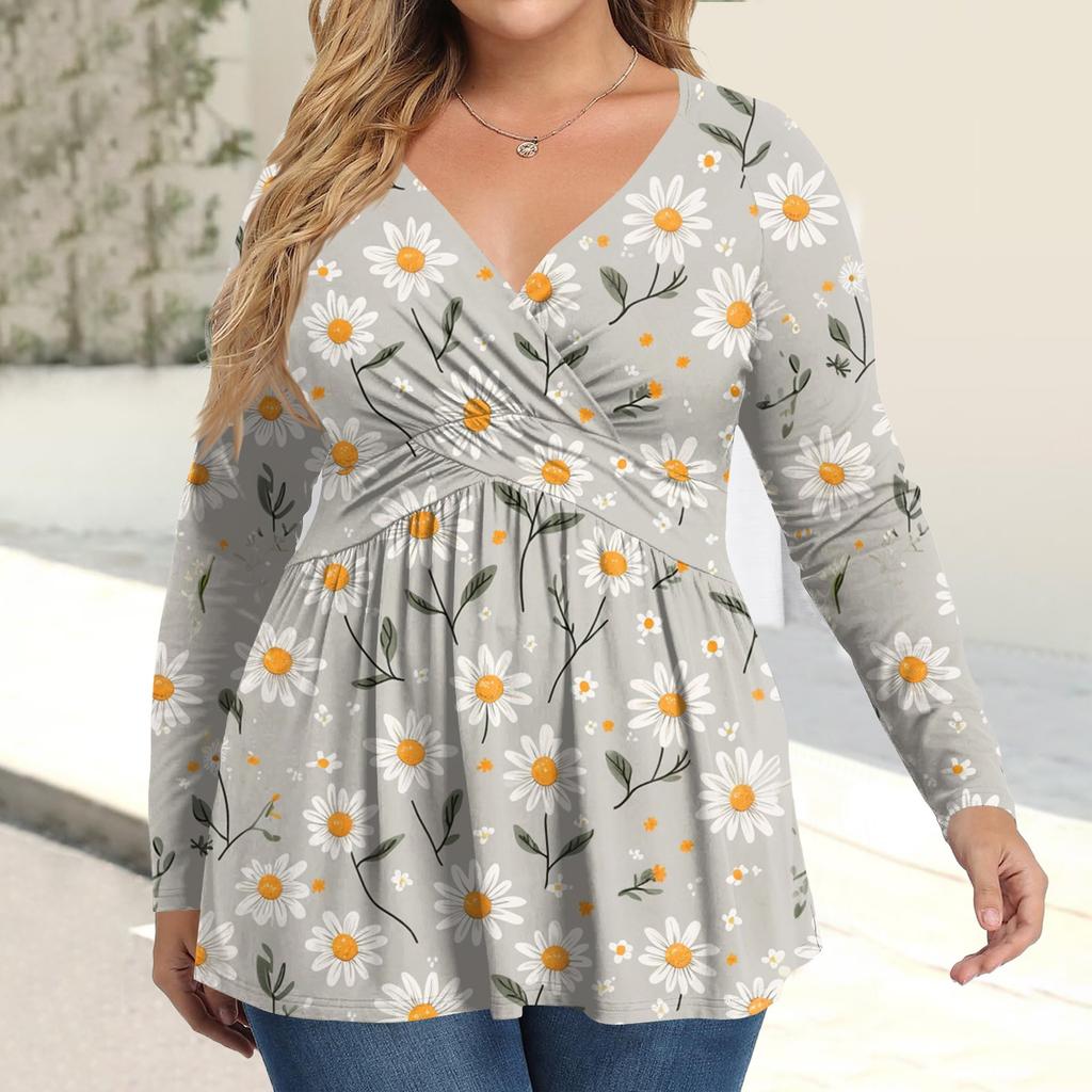 Женская рубашка большого размера с длинным рукавом, принт, плиссированный повседневный топ с V-образным вырезом