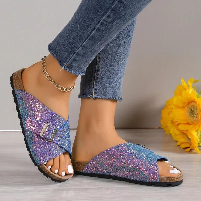 2024 Women's Fashion Flat Sandals Summer New Style Round Toe Cross Buckle Breathable Sequins Soft Bottom Anti-Slip Drag