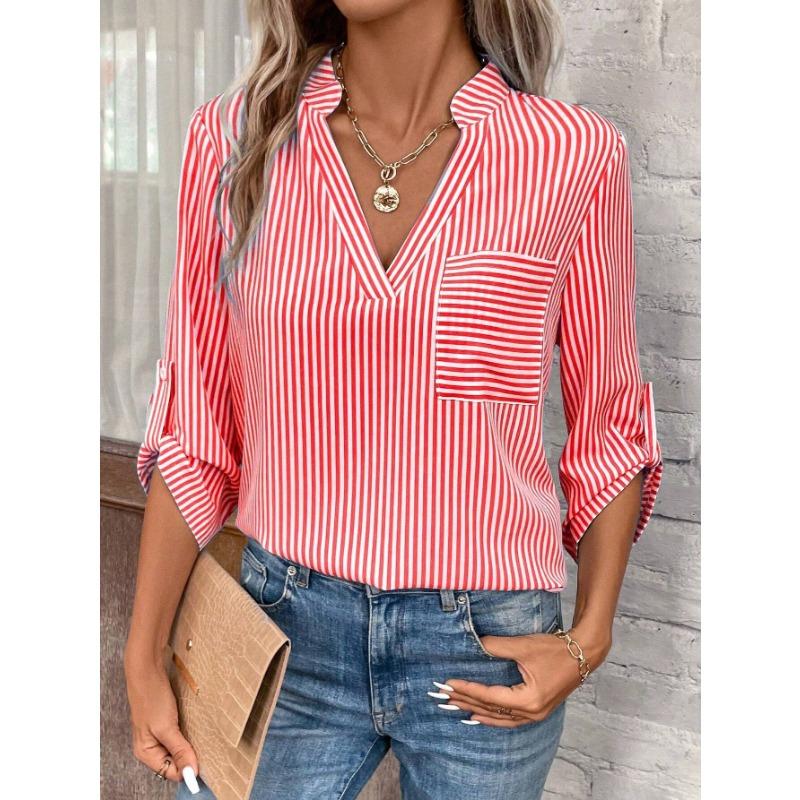 YYFS Женские модные повседневные летние весенние блузки и рубашки с v-образным вырезом и рукавами 1/2 в полоску с принтом
