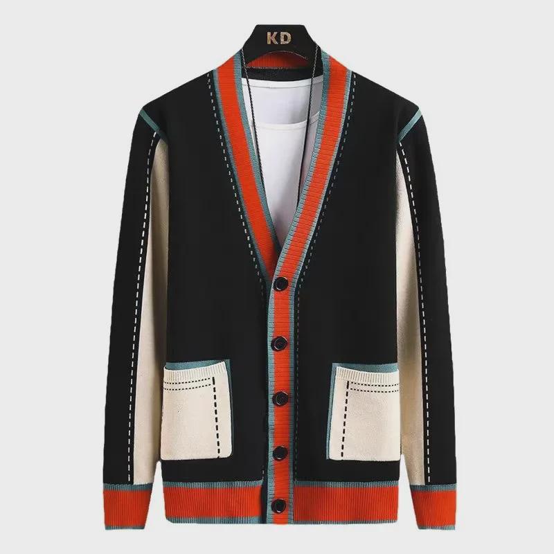 Мужской вязаный кардиган с V-образным вырезом - мода весна/осень 2024 г., свитер с цветными блоками, куртка в стиле панк