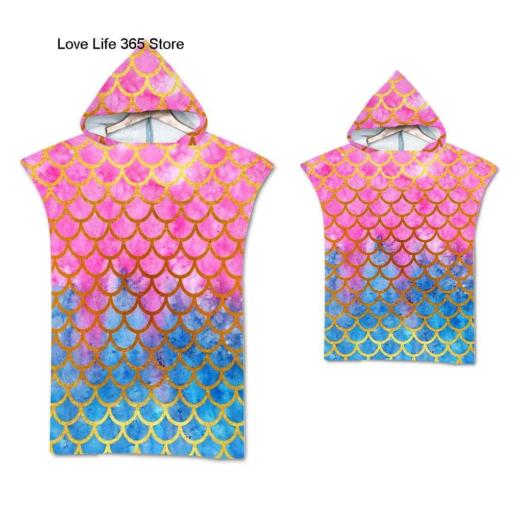 Радужная чешуя Микрофибра Пляжное полотенце Быстросохнущий Плащ с капюшоном Полотенца для гидрокостюма Взрослые Дети Родитель-ребенок Пончо Халат для плавания серфинга