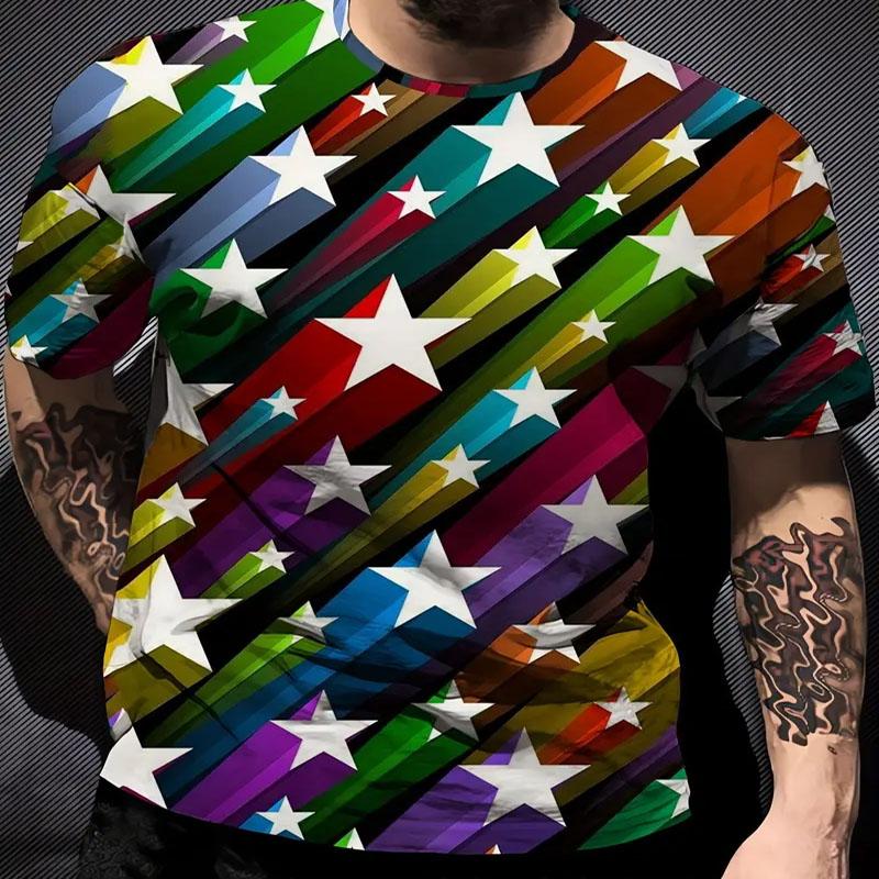 Мужская повседневная футболка с круглым вырезом и узором с необычной цифровой печатью. Модный короткий рукав. Подходит для повседневной носки летом.