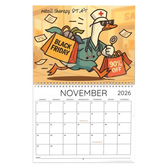 Nurse Goose Wall Calendar 2026 12-Month Themed Design Daily Events Organizer Coil Binding Thick Paper Desk Calendar for Daily Planning