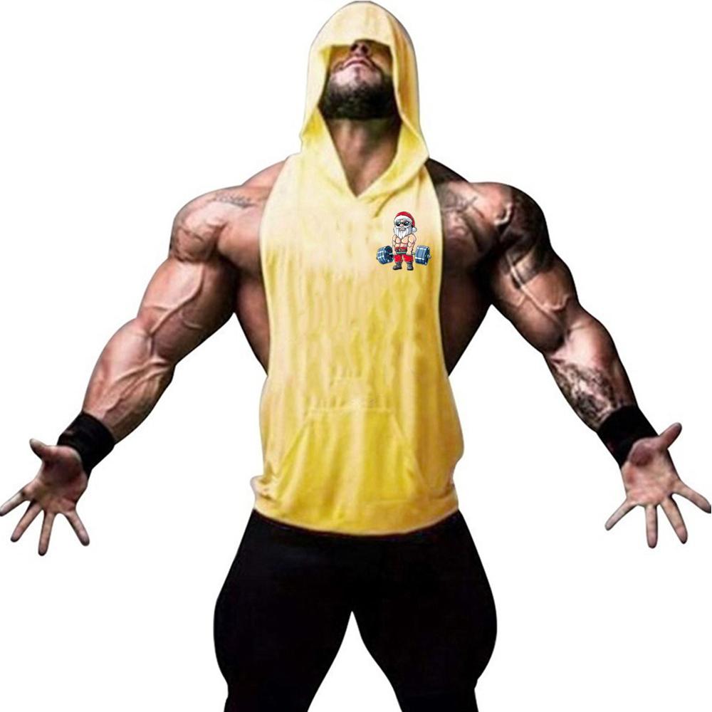 Men's fashion trend personalized gym fitness and leisure sleeveless Santa Claus print pattern hooded vest sports running vest