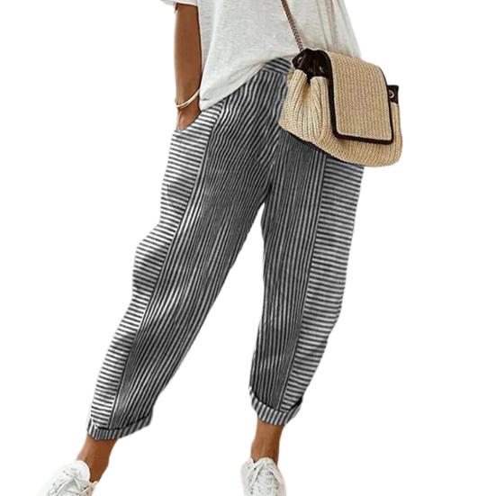 Women Casual Pants Elastic Waist Mid-rise Summer Jacquard Long Pants with Pockets Striped Print Loose Fit Trousers