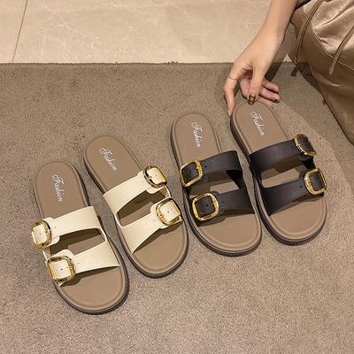Новые ретро шлепанцы с мягкой подошвой и плоской пряжкой для женщин на лето, пляжные, нескользящие сандалии