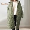 Fall Winter Women Jacket Hooded Zip-up Rhombus Texture Thin Padded Long Sleeves Mid Length Loose Work School Daily Coat