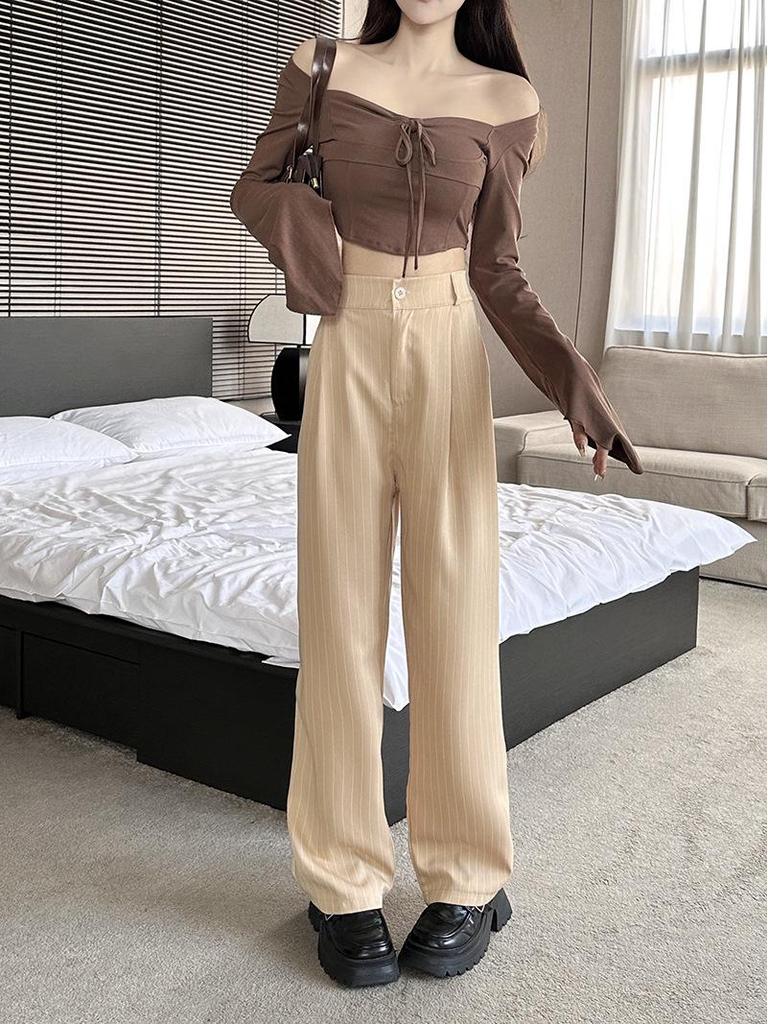 Women's Korean Striped Wide-Leg Pants - Slim, Versatile, Loose Fit for Spring & Autumn 2025
