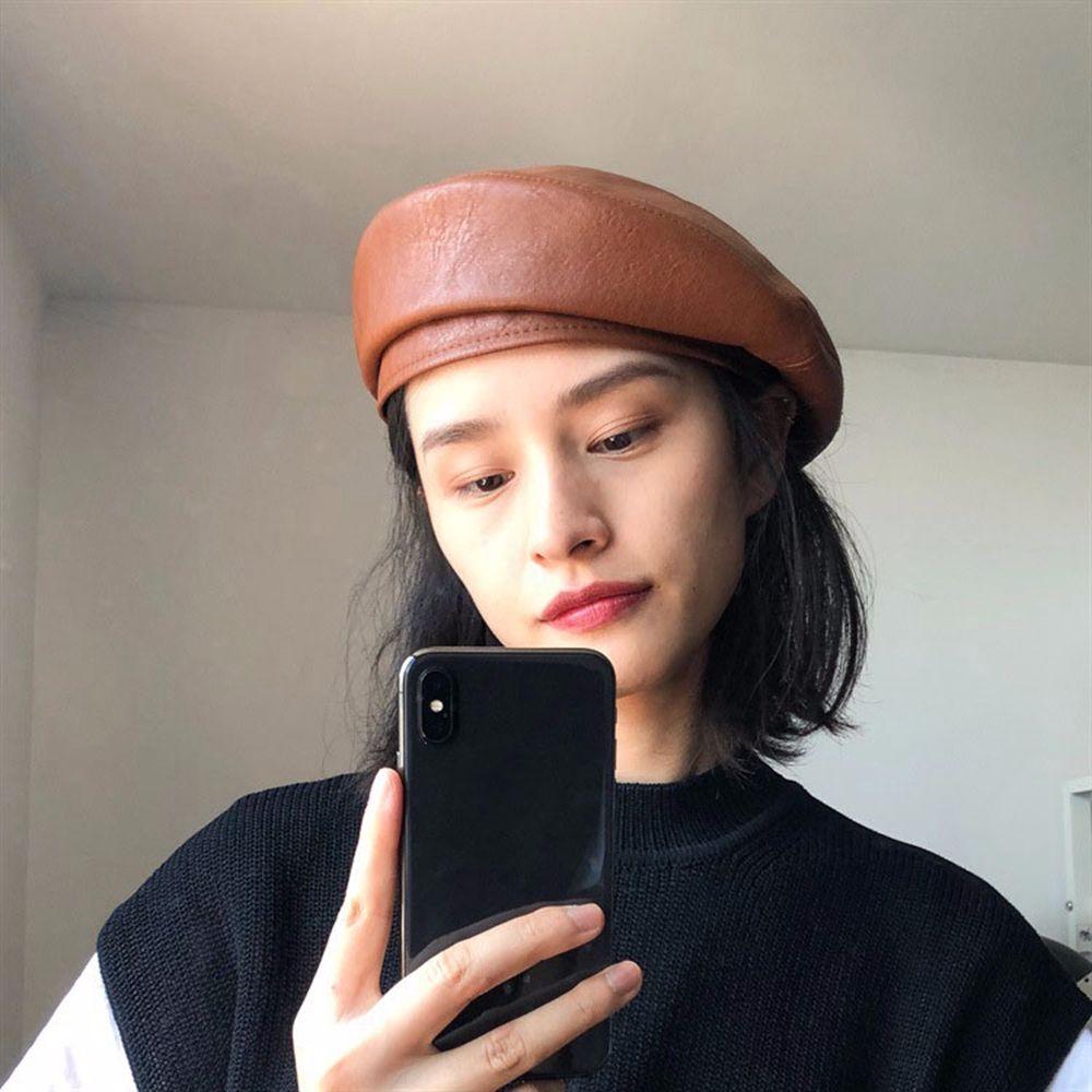 Стильная зимняя универсальная шляпа для девочек в корейском стиле, береты из искусственной кожи, шляпа художника, женская восьмиугольная кепка