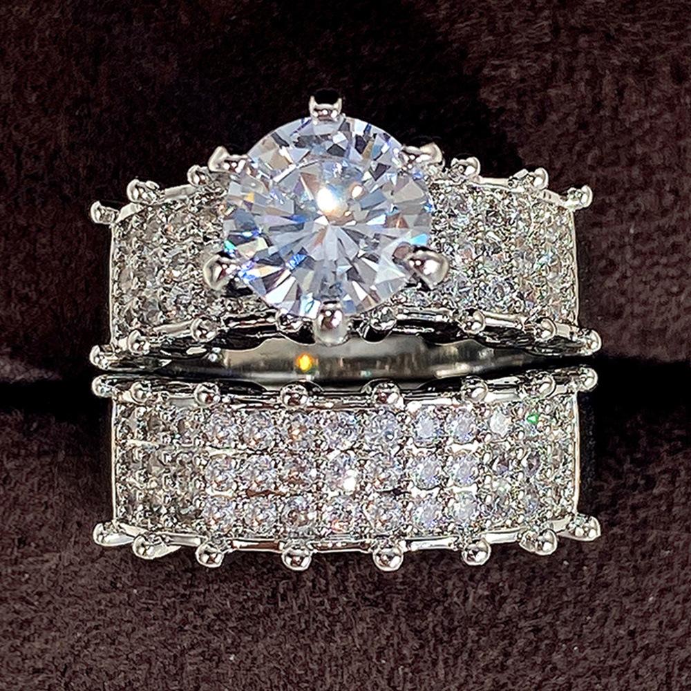 Shining Double-Layer Women'S Ring, High-End Zircon Platinum-Plated Luxury Wedding Ring, Dinner Bridal Jewelry