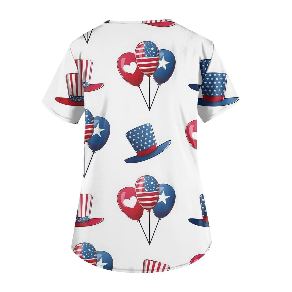 Plus Size Printed Scrub Working Uniform Tops For Women's Cross V Neck Independence Day Print Short Sleeve Fun T-Shirts Workwear Tee With Pockets