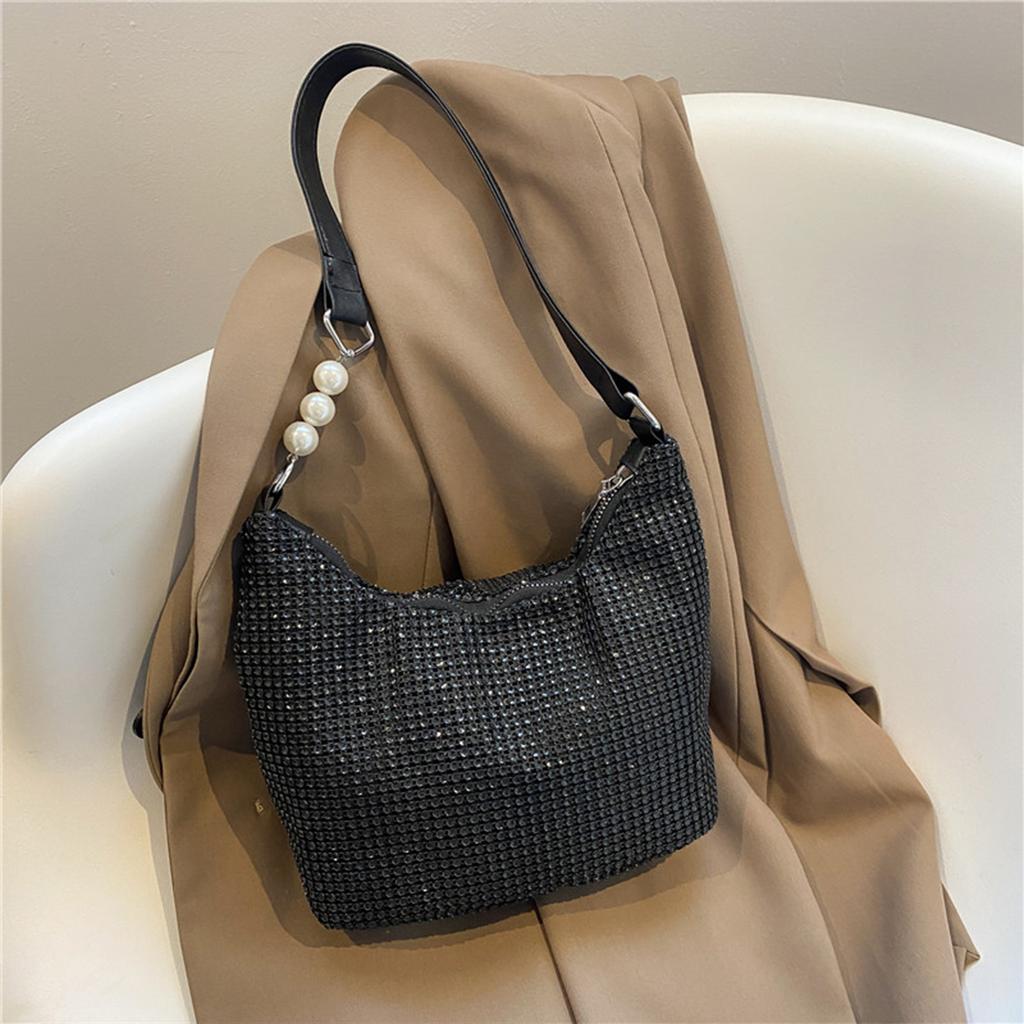 Гламурная вечерняя сумка через плечо для женщин, блестящая, со стразами, ПВХ, мягкая отделка, жемчужный ремешок, молния для вечеринок, гала-мероприятий, дамская сумочка