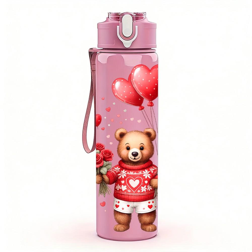 1PC Teddy Bear Heart Love Gift Print 750ml Color Plastic Sports Water Bottle Leakproof Flip Straw Lid Suitable for Sports Office Home Use
