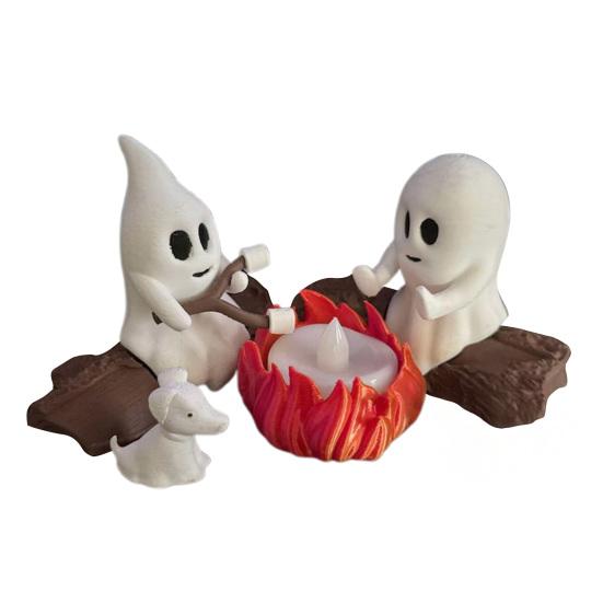 Ghost Campfire Gathering Scene Resin 2 Ghosts with Cat/Dog Making Smores Figurine Flickering LED Bonfire Halloween Night Light