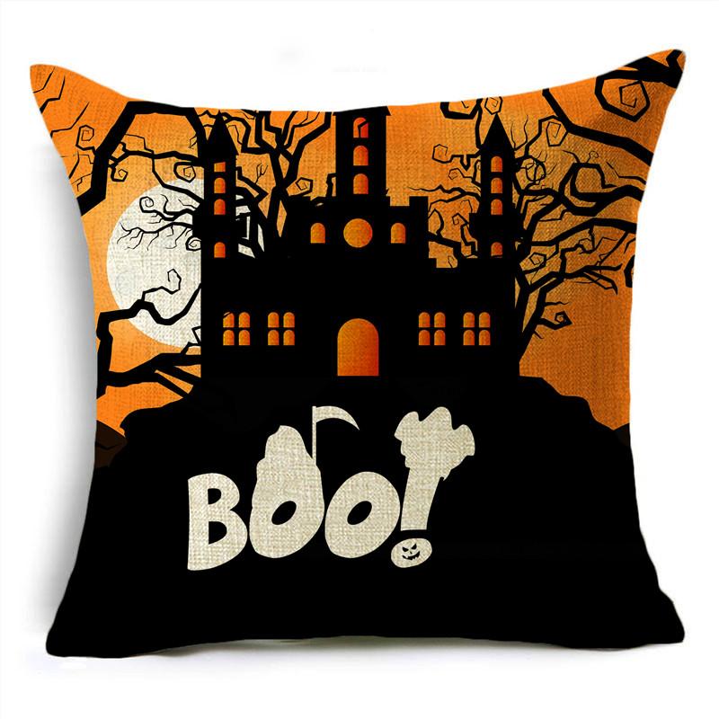 Orange Scary Halloween Night Witch Haunted House Linen Throw Pillowcase Decorative Cushion Cover For Sofa Livingroom Party