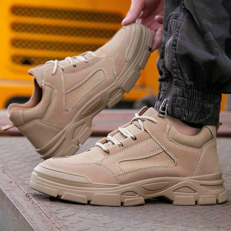 Oulylan Male Non Skid Safety Shoes Puncture-proof Lace Up Work Boots Steel Toe Anti-smash Sneakers Male Cowhide Labor Footwear