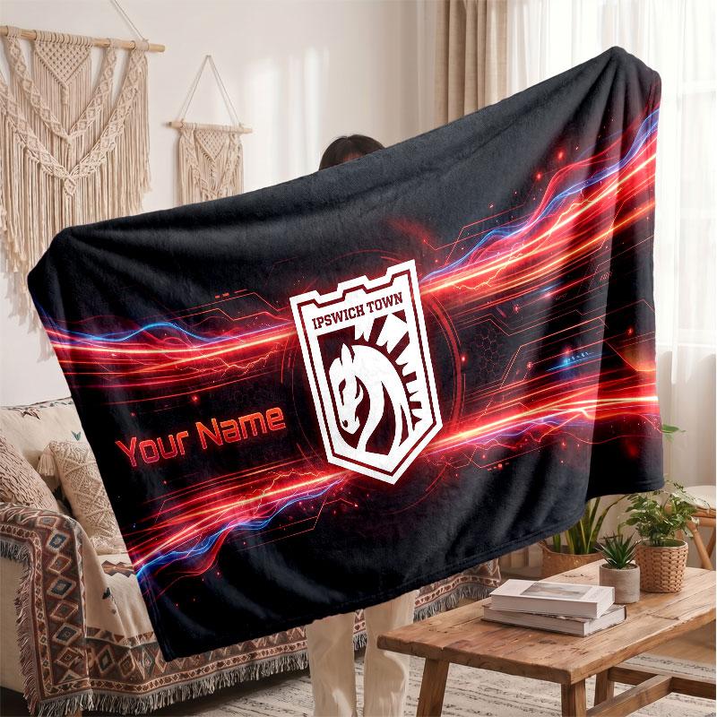 Ipswich Town Personalized Fleece Blanket With Football Logo, Custom Name Text Soft Warm Home Throw Blanket