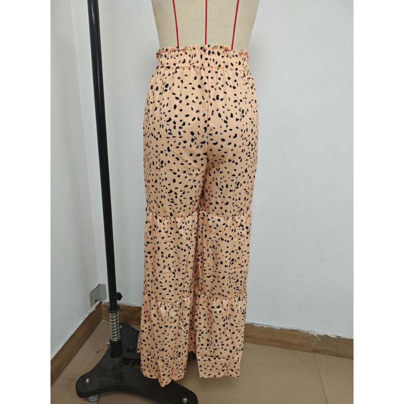 Летние широкие брюки женские большого размера с леопардовым принтом и оборками