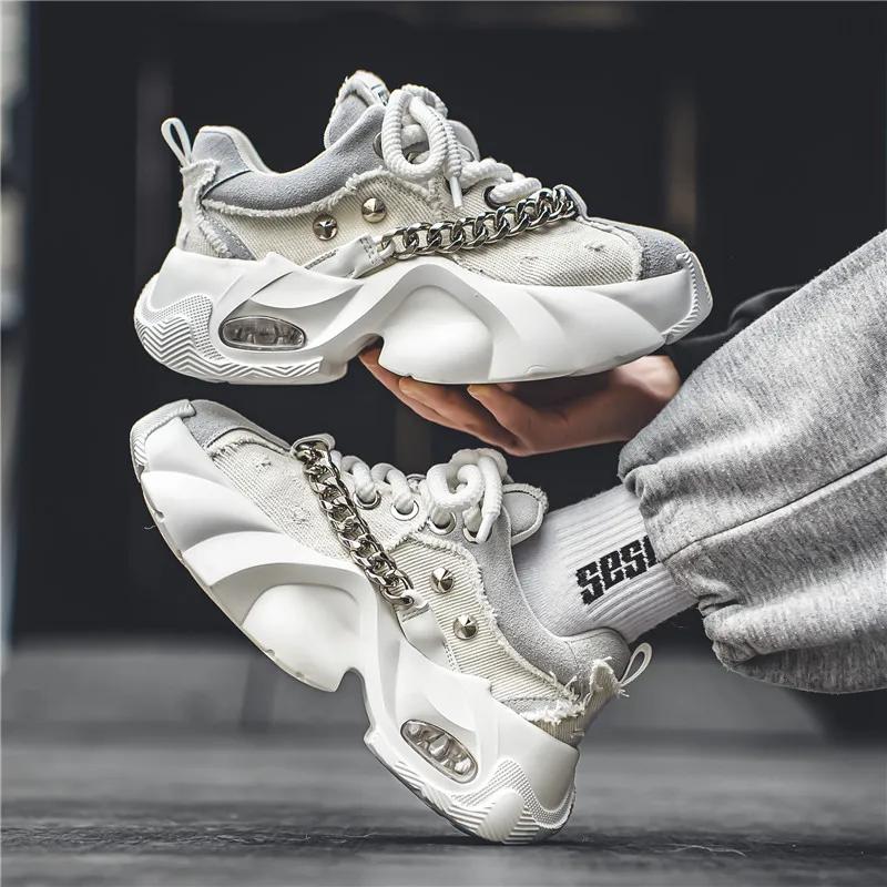 Спортивные кроссовки для мужчин на платформе, повседневные, модные, с металлической цепочкой, удобные, со шнуровкой, мужские кроссовки для бега
