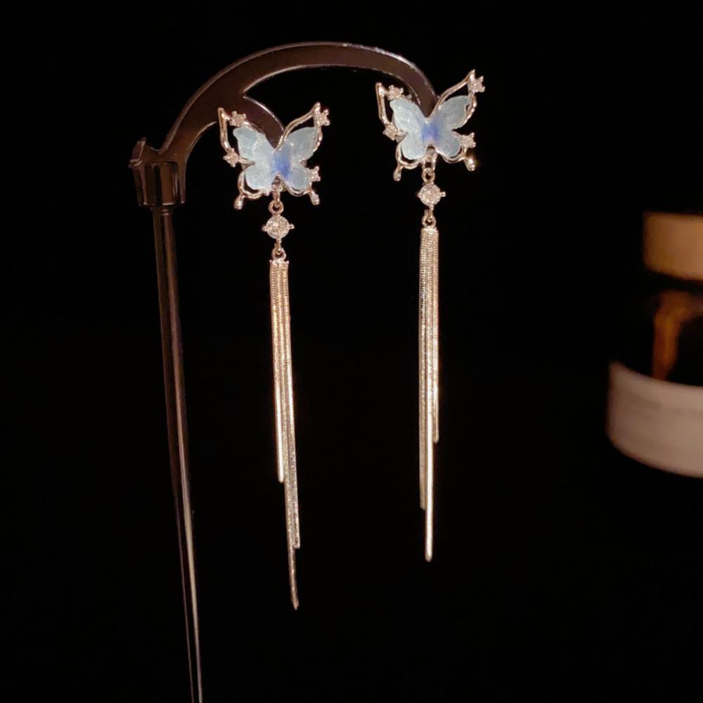 Dangle Butterfly Tassel Drop Earrings Shiny Zircon Stud Earrings Long Pendant Earrings Daily Wear