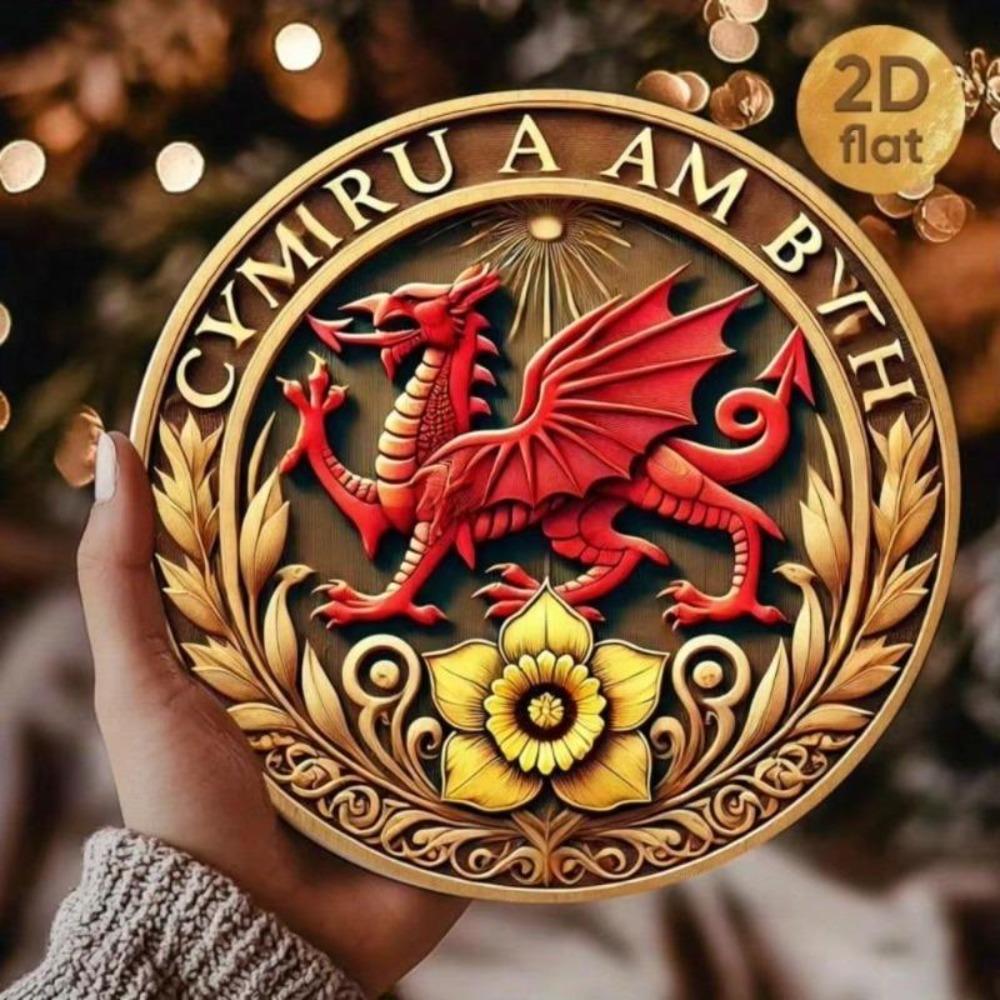 Vintage Aluminum Welsh Dragon Wall Decor Traditional Metal Art Round Sign