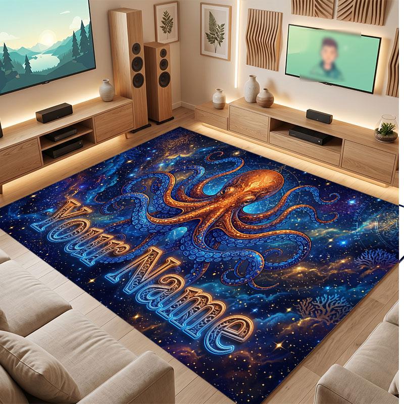 Octopus Sea Life Theme Crystal Velvet Floor Rug Personalized Custom Name Text Warm Carpet Home Decoration