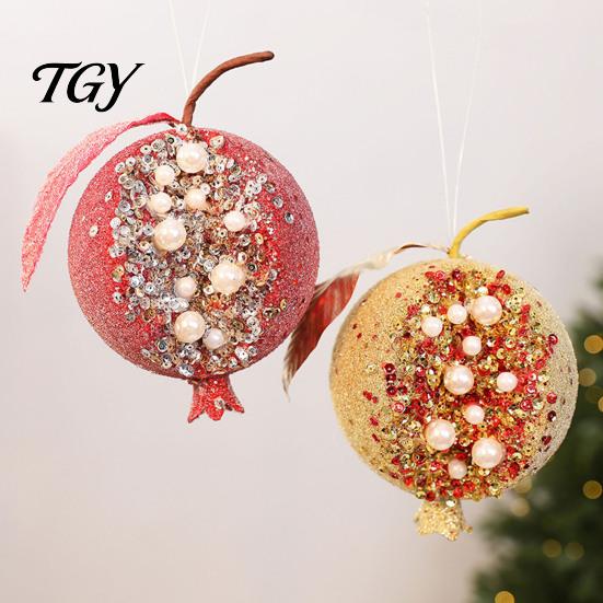 Red And Gold Baubles Handmade Glitter Christmas Tree Pendant, Imitation Pearls Pomegranate Shaped Decorations Baubles, Decorative Hanging Ornaments