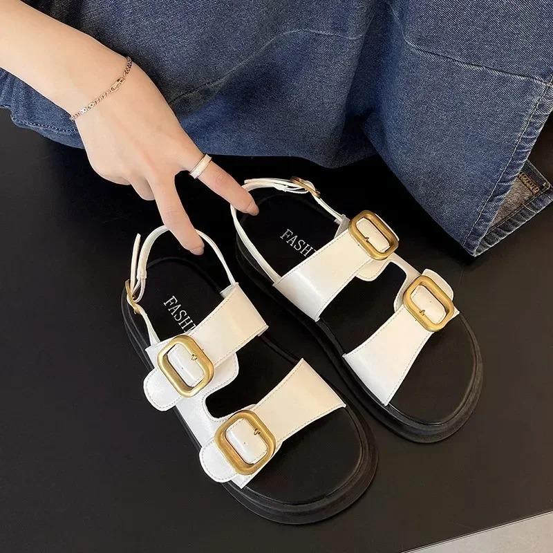 Fashion 2024 Summer New Hot Selling Women's Sandals Solid Color Fashion Women's Shoes Metal Decoration Medium Heel Women Buckle Sandals