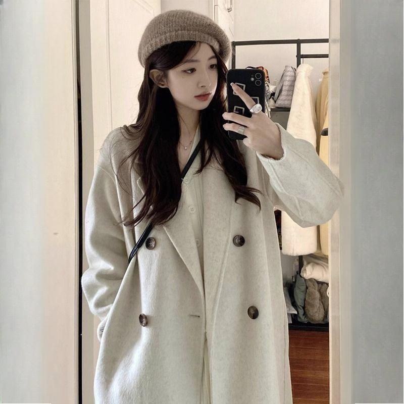 Женская шерстяная верхняя одежда средней длины в корейском стиле, свободное пальто в стиле преппи