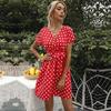 Лето-осеннее короткое платье в горошек, мини-женское повседневное, с v-образным вырезом и коротким рукавом, бандажный пояс с высокой талией, S-XXL