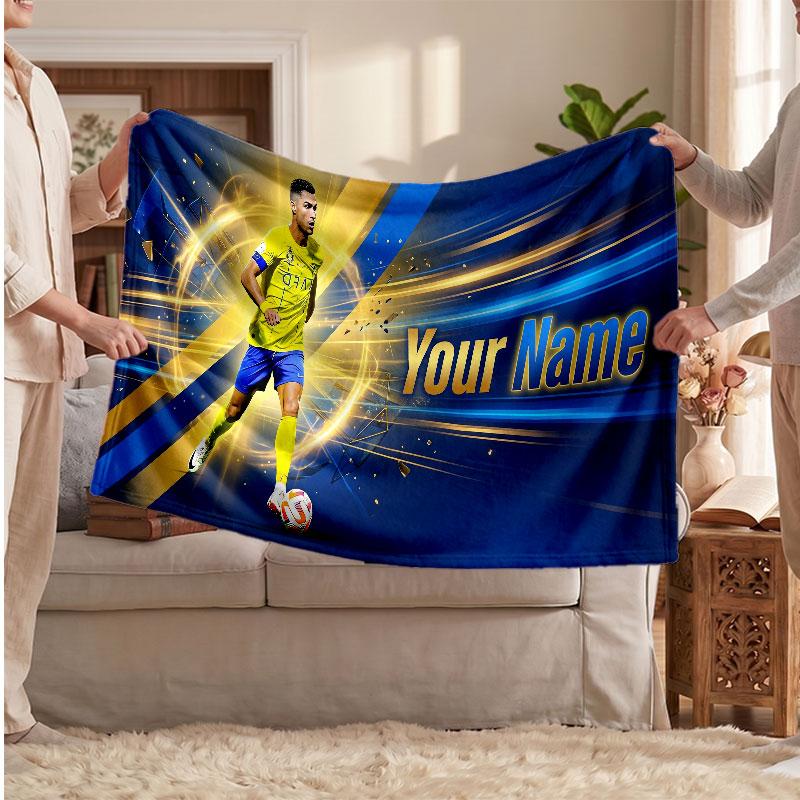 Cristiano Ronaldo Personalized Fleece Blanket With Football Logo, Custom Name Text Soft Warm Home Throw Blanket