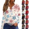 Женская модная повседневная футболка с длинным рукавом и V-образным вырезом на рождественском принте на пуговицах