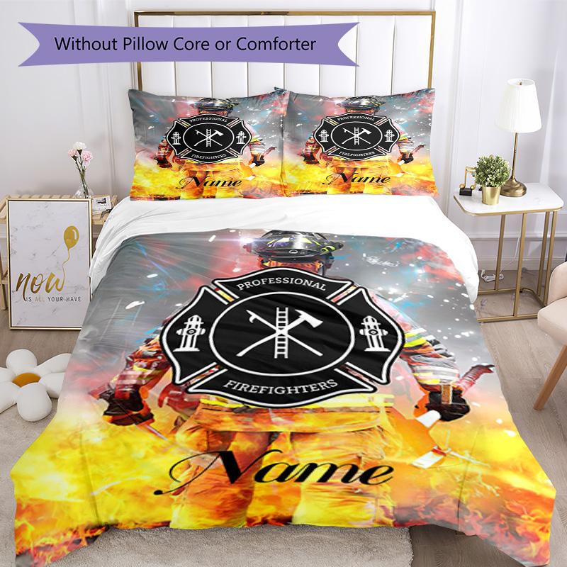 Firefighter Customize Your Name Bedding Set Breathable Duvet Cover With Pillowcases Decorative Bed Linen For Bedroom Home Decoration Birthday Gift
