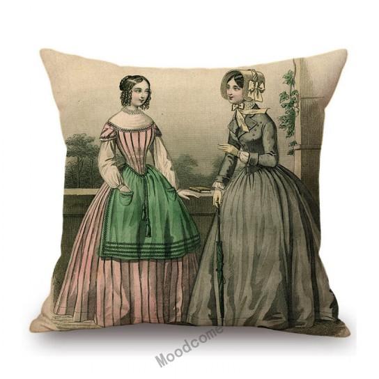 Antique Fashion Book Ettiquette Lady Dress European Costume Elegant Wear Cotton Linen Sofa Throw Pillow Case Chair Cushion Cover