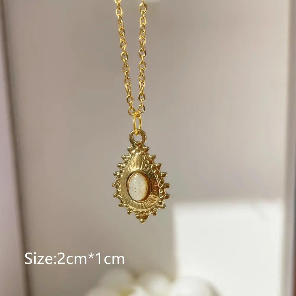 2024 New Gray Enamel Round Star Sun Charm Natural Stones Pendants Necklace Stainless Steel Clavicle Chain Jewelry