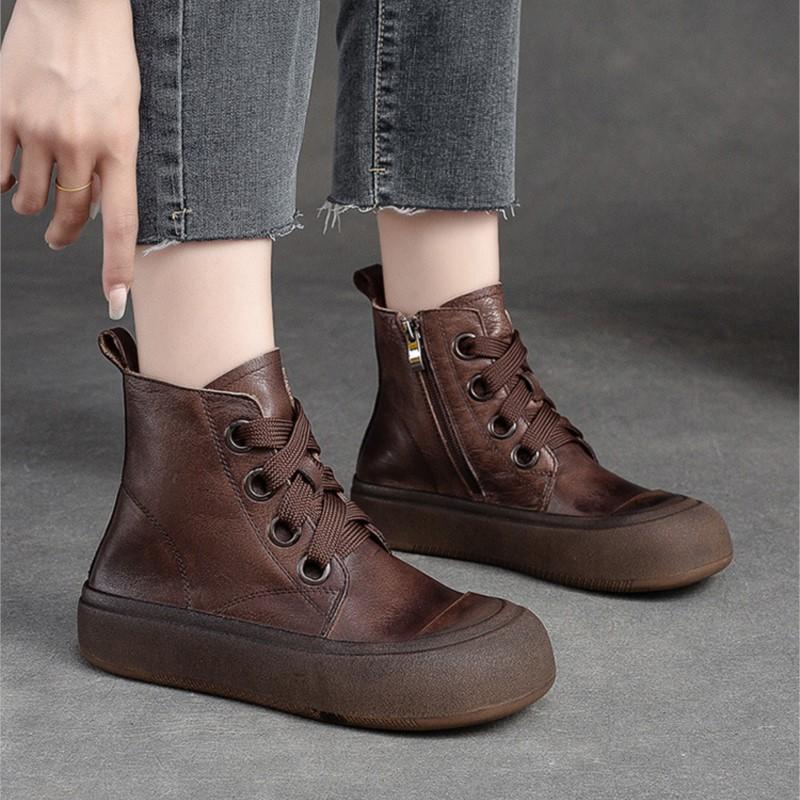 Johnature Женские короткие сапоги из натуральной кожи в стиле ретро, ​​модные универсальные туфли на плоской платформе на толстой подошве