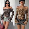 New Sexy One-shoulder Long-sleeved T-shirt Leopard Print Mesh Top Sexy Babes