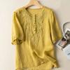 Women's Casual Clothing Blouses O-Neck Embroidery Loose Button Tunic Shirts Cotton Linen Tops