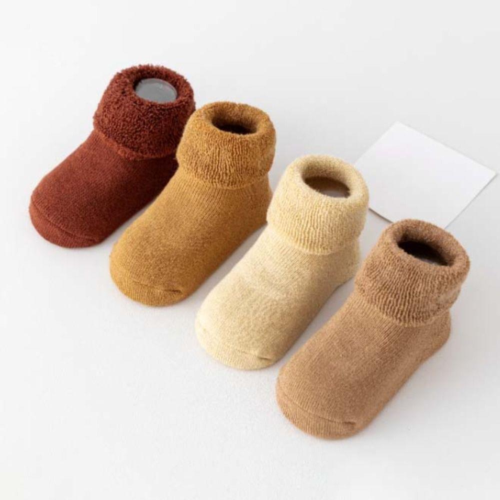 4Pairs Anti-slip Infant Learning Walk Socks Solid Color Home Sleep Socks Autumn&Winter