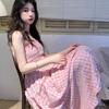 Pink Pleated Striped Suspender Dress for Women's Summer New French Waist and Thin Temperament Big Swing Dress