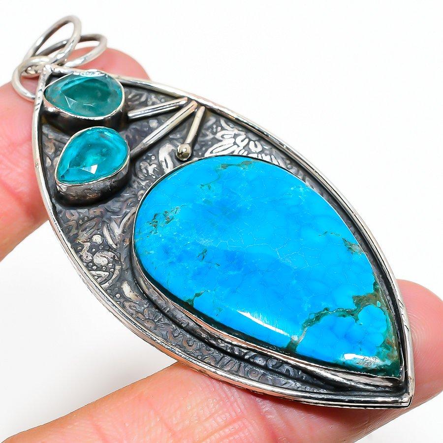 Natural Tibetan Turquoise,Tourmaline 925 Sterling Silver Pendant 3.15" O7y17
