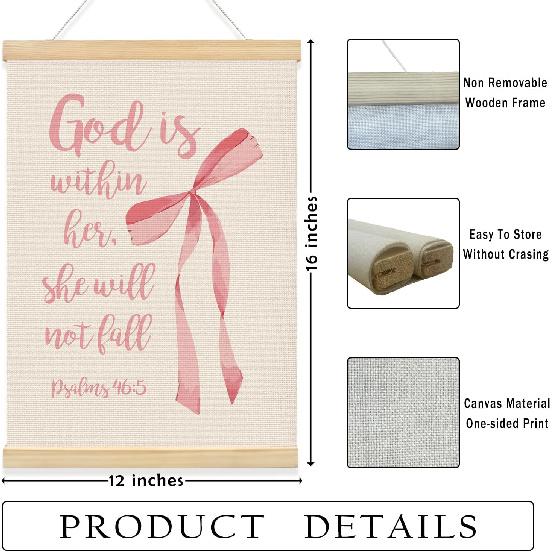 QROZIAR Christian Bible Verse Wall Decor Canvas Posters, God Is Within Her Wall Decor with Wooden Frames, Christian Gifts for Women, Coquette Pink