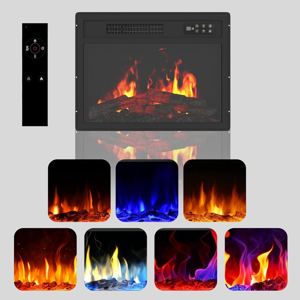 YODOLLA Electric Fireplace Heater - 7 Flame Colors, 5 Dynamic Levels, 2 Heat Settings (750/1500W), 8H Timer, Child Lock, Quiet Operation - Black