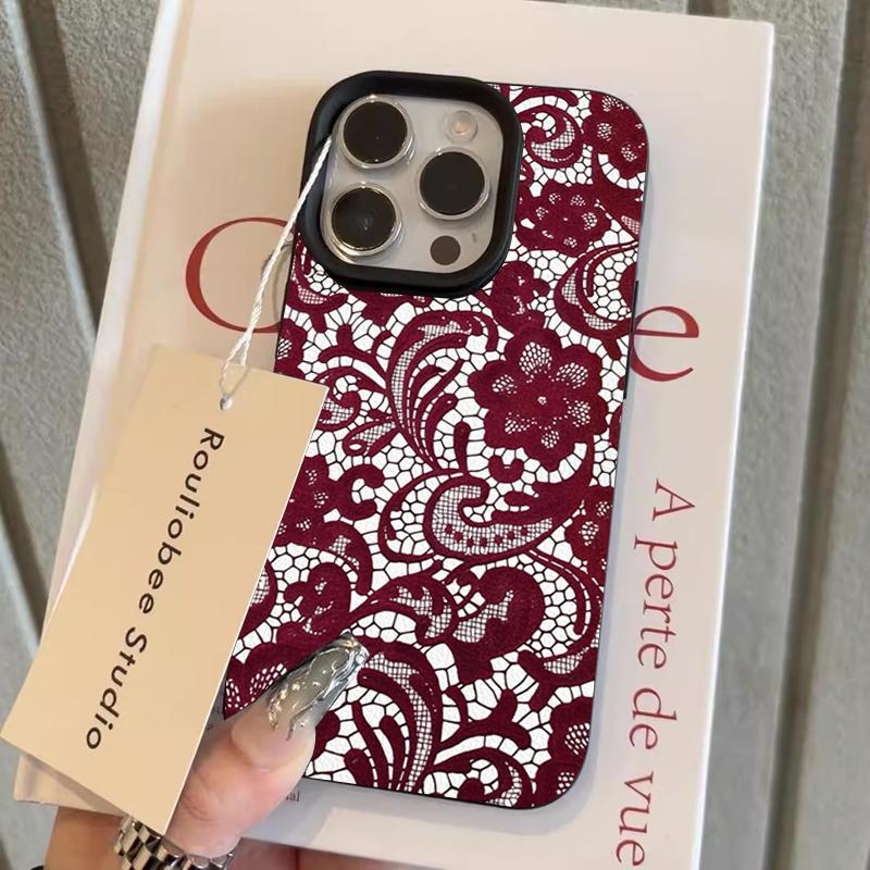 Красный кружевной чехол с цветочным узором для iPhone 17 16 15 14 Plus 13 12 11 Pro MAX Air 16E Защитное стекло Чехол Ударопрочная крышка