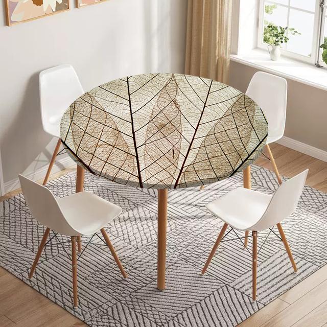 Skeleton Leaves Round Fitted Tablecloth Waterproof Dining Table Decoration Accessories Classic Pattern Table Cover Kitchen Decor