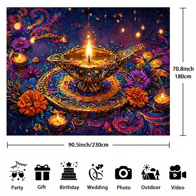 2D Diwali Diya Lamp Photography Background with Colorful Flowers